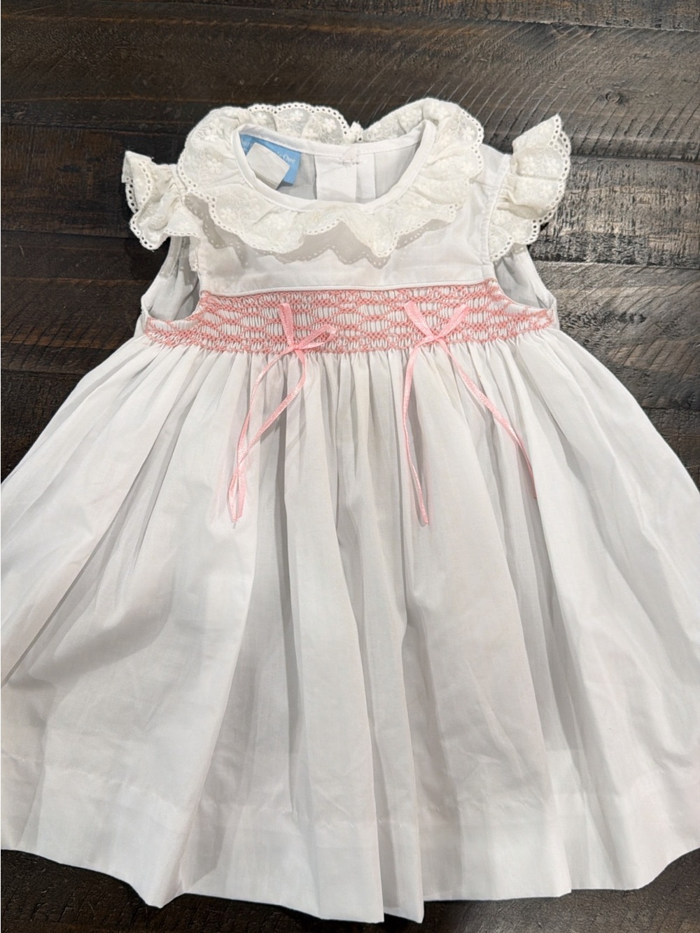 Petit Ami White Dress with Pink Smocking